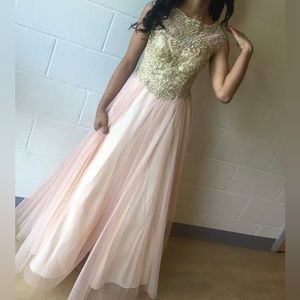 Pink Prom dress with green detail lace and rhinestones and open embroidered back
